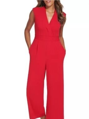 Calvin Klein Sleeveless Dressy Red Romper Jumper Suit With Tie Belt Pockets 12